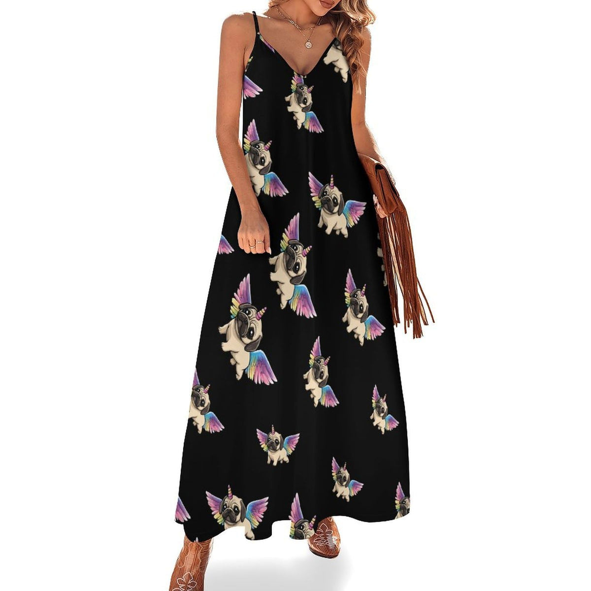 longue maxi licorne à ailes de carlin pour femme, robe d'été sans manches, robe de plage