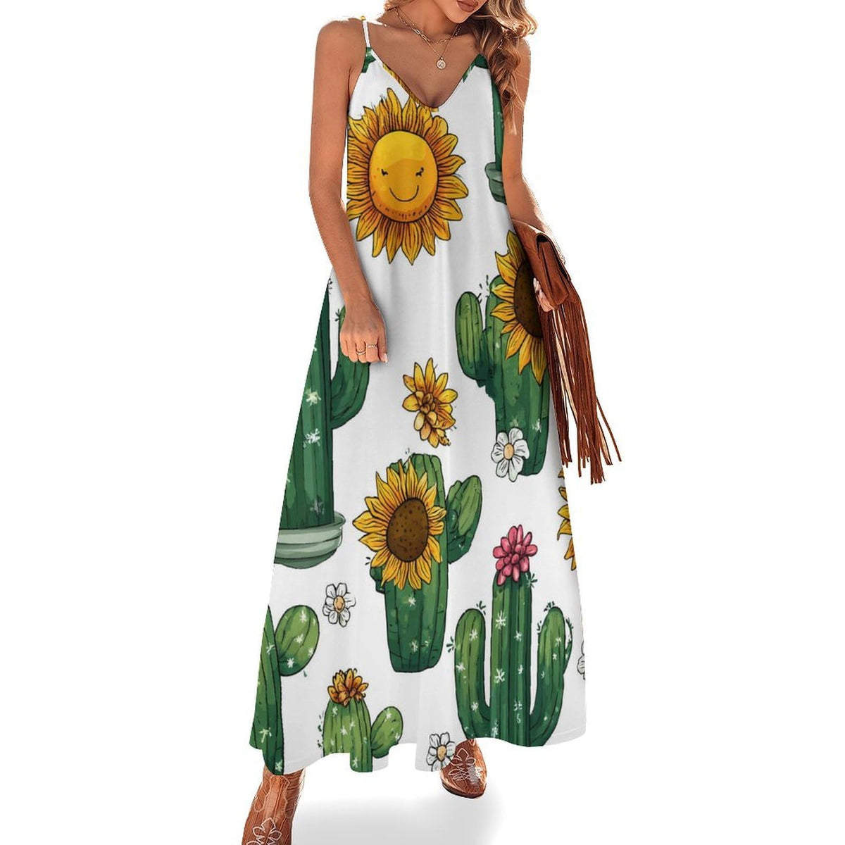 longue maxi à fleurs de tournesol et cactus pour femme, robe d'été sans manches, robe de plage